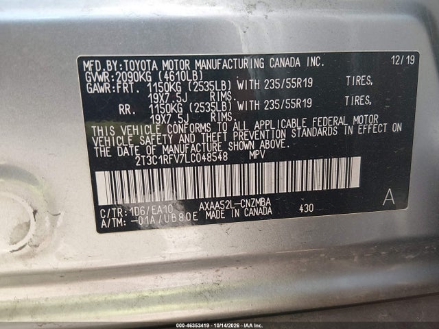 46353419 :رقم المزاد ، 2T3C1RFV7LC048548 vin ، 2020 Toyota Rav4 Xle Premium مزاد بيع