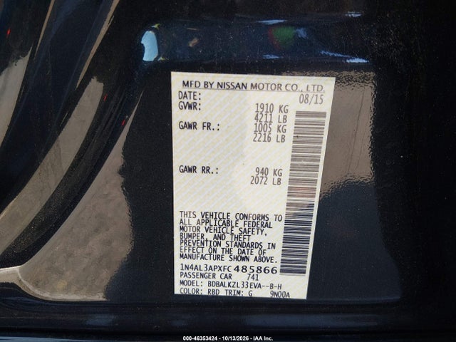 2015 Nissan Altima 2.5 Sv მანქანა იყიდება აუქციონზე, vin: 1N4AL3APXFC485866, აუქციონის ნომერი: 46353424