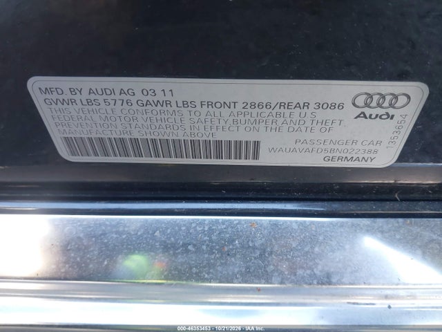 46353453 :رقم المزاد ، WAUAVAFD5BN022388 vin ، 2011 Audi A8 4.2 مزاد بيع