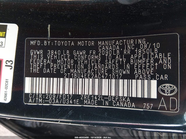 Продажа на аукционе авто 2010 Toyota Corolla S, vin: 2T1BU4EE2AC471017, номер лота: 46353459