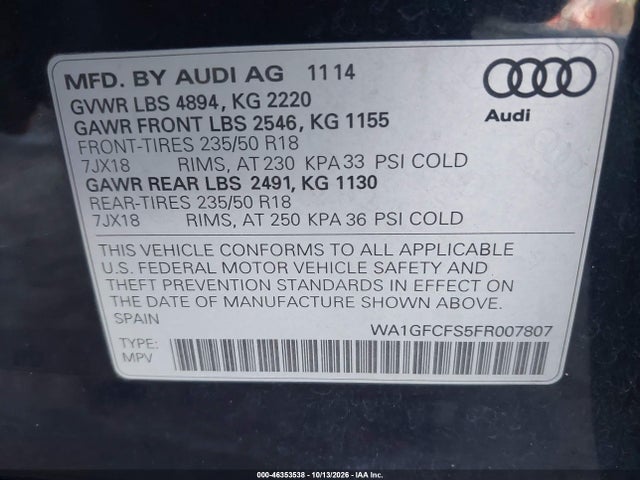 2015 Audi Q3 2.0t Premium Plus მანქანა იყიდება აუქციონზე, vin: WA1GFCFS5FR007807, აუქციონის ნომერი: 46353538