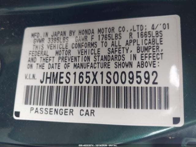 2001 Honda Civic Lx მანქანა იყიდება აუქციონზე, vin: JHMES165X1S009592, აუქციონის ნომერი: 46353574