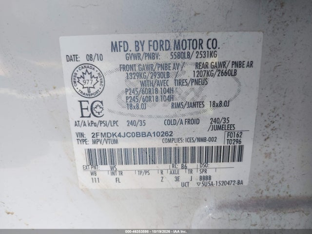 Продажа на аукционе авто 2011 Ford Edge Sel, vin: 2FMDK4JC0BBA10262, номер лота: 46353598