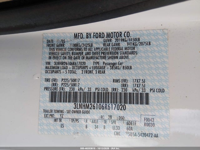 Aukcja sprzedaży 2006 Lincoln Zephyr, vin: 3LNHM26106R617020, numer aukcji: 46353618