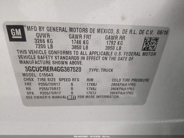 46353660 :رقم المزاد ، 3GCUCRER4GG387520 vin ، 2016 Chevrolet Silverado 1500 1lt مزاد بيع