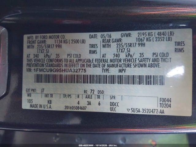 2017 Ford Escape Se მანქანა იყიდება აუქციონზე, vin: 1FMCU9G95HUA32775, აუქციონის ნომერი: 46353668