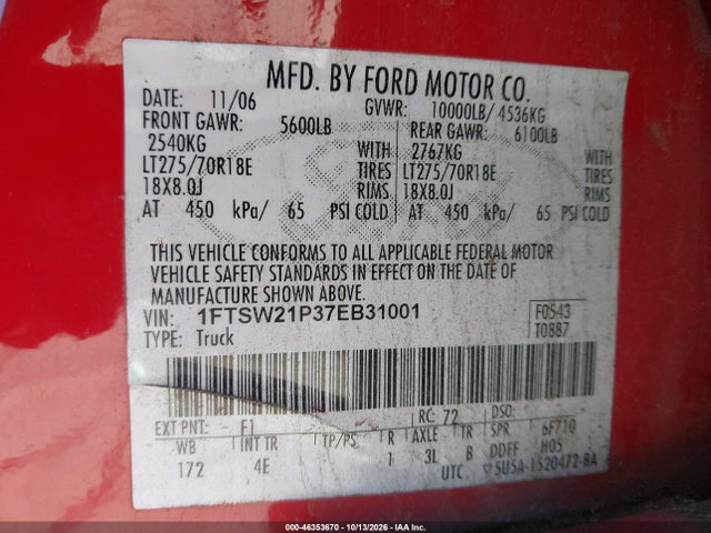 46353670 :رقم المزاد ، 1FTSW21P37EB31001 vin ، 2007 Ford F-250 Lariat/xl/xlt مزاد بيع