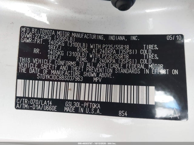 46353787 :رقم المزاد ، 5TDYK3DC8BS037963 vin ، 2011 Toyota Sienna Limited V6 مزاد بيع