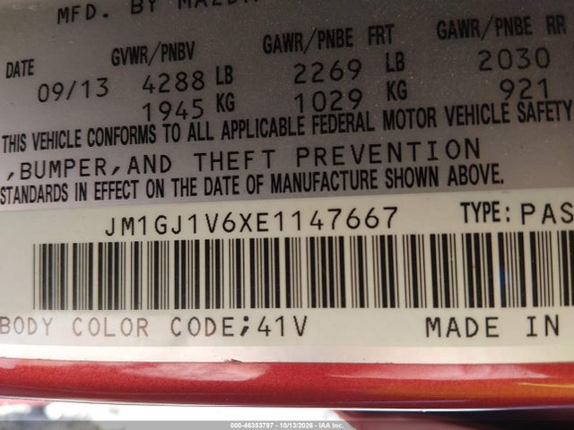 2014 Mazda Mazda6 I Touring მანქანა იყიდება აუქციონზე, vin: JM1GJ1V6XE1147667, აუქციონის ნომერი: 46353797