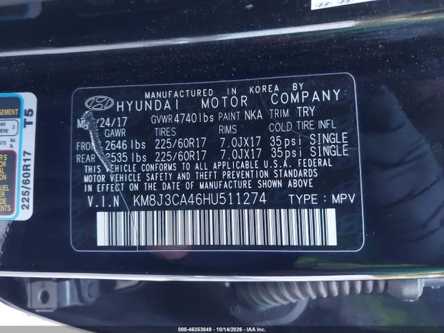 2017 Hyundai Tucson Se მანქანა იყიდება აუქციონზე, vin: KM8J3CA46HU511274, აუქციონის ნომერი: 46353849