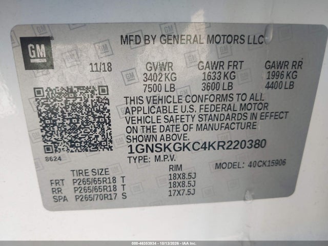 Aukcja sprzedaży 2019 Chevrolet Suburban Ls, vin: 1GNSKGKC4KR220380, numer aukcji: 46353934