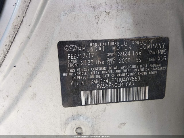 Продаж на аукціоні авто 2017 Hyundai Elantra Se, vin: KMHD74LF1HU407863, номер лоту: 46353946