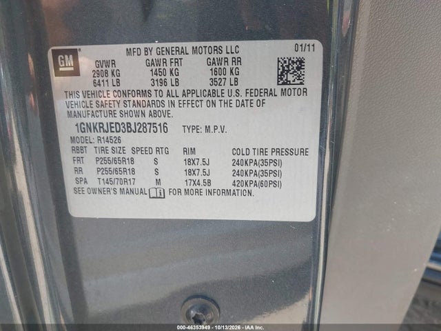 Aukcja sprzedaży 2011 Chevrolet Traverse 2lt, vin: 1GNKRJED3BJ287516, numer aukcji: 46353949