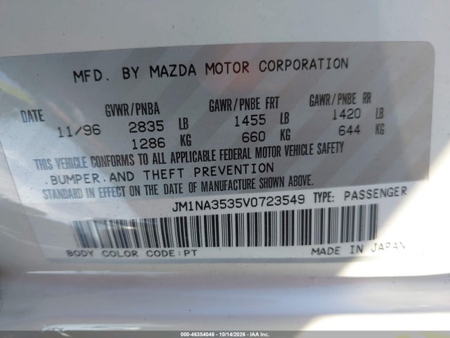 46354046 :رقم المزاد ، JM1NA3535V0723549 vin ، 1997 Mazda Mx-5 Miata Leather Pkg/m Edition/popular Equipment Pkg/r Pkg./sto/touring Pkg مزاد بيع