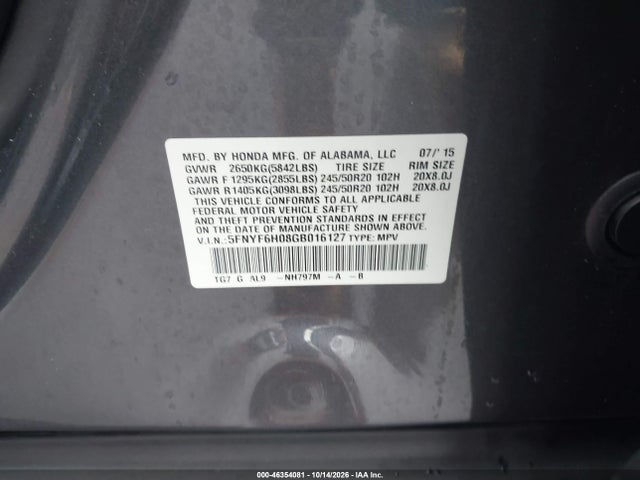 Продаж на аукціоні авто 2016 Honda Pilot Elite, vin: 5FNYF6H08GB016127, номер лоту: 46354081