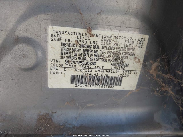 Aukcja sprzedaży 2012 Nissan Versa 1.6 S, vin: 3N1CN7AP5CL857282, numer aukcji: 46354149