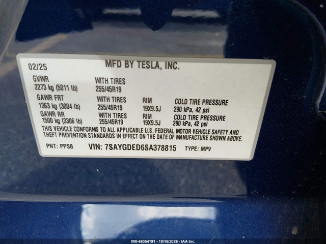 46354191 :رقم المزاد ، 7SAYGDED6SA378815 vin ، 2025 Tesla Model Y Long Range Dual Motor Rear-wheel Drive مزاد بيع