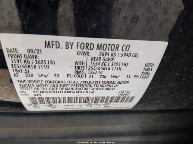 Auction sale of the 2021 Ford Explorer Xlt, vin: 1FMSK8DH4MGB97412, lot number: 46354218