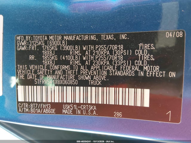 46354241 :رقم المزاد ، 5TFRV541X8X060850 vin ، 2008 Toyota Tundra Base 5.7l V8 مزاد بيع