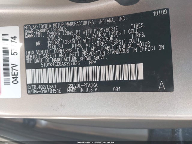 46354247 :رقم المزاد ، 5TDYK4CC8AS327836 vin ، 2010 Toyota Sienna Xle مزاد بيع