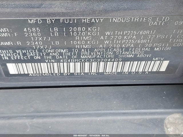 46354267 :رقم المزاد ، 4S4BRCKC3C3204409 vin ، 2012 Subaru Outback 2.5i Limited مزاد بيع
