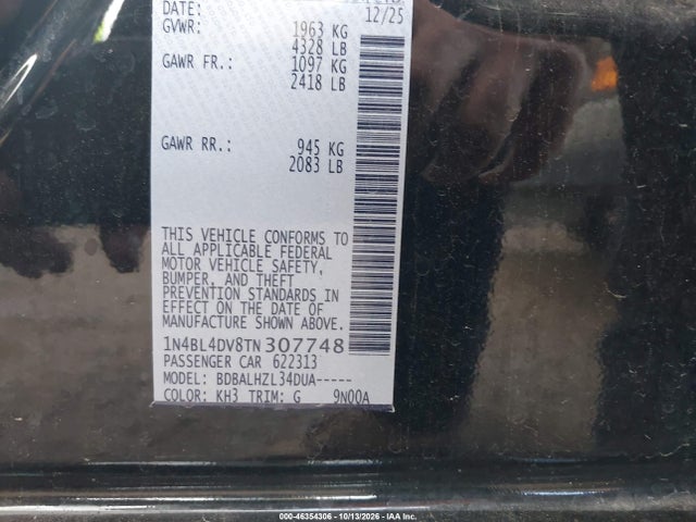 1N4BL4DV8TN307748 Nissan Altima Sv Fwd