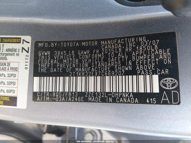 Продаж на аукціоні авто 2007 Toyota Matrix Xr, vin: 2T1KR32EX7C669207, номер лоту: 46354328
