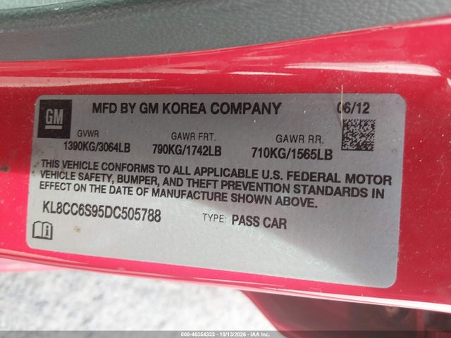 46354333 :رقم المزاد ، KL8CC6S95DC505788 vin ، 2013 Chevrolet Spark 1lt Manual مزاد بيع