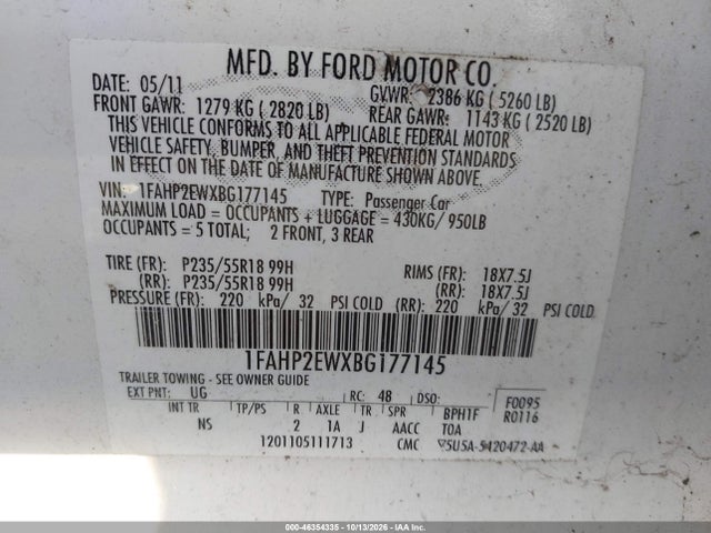 Продажа на аукционе авто 2011 Ford Taurus Sel, vin: 1FAHP2EWXBG177145, номер лота: 46354335