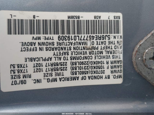 2007 Honda Cr-v Ex-l მანქანა იყიდება აუქციონზე, vin: 5J6RE48777L019309, აუქციონის ნომერი: 46354385
