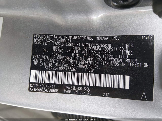 Продаж на аукціоні авто 2008 Toyota Tundra Sr5 5.7l V8, vin: 5TBRV54188S477267, номер лоту: 46354408