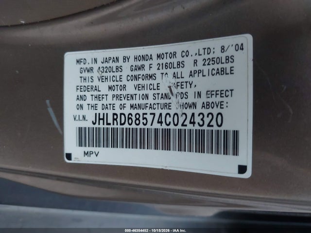2004 Honda Cr-v Lx მანქანა იყიდება აუქციონზე, vin: JHLRD68574C024320, აუქციონის ნომერი: 46354452