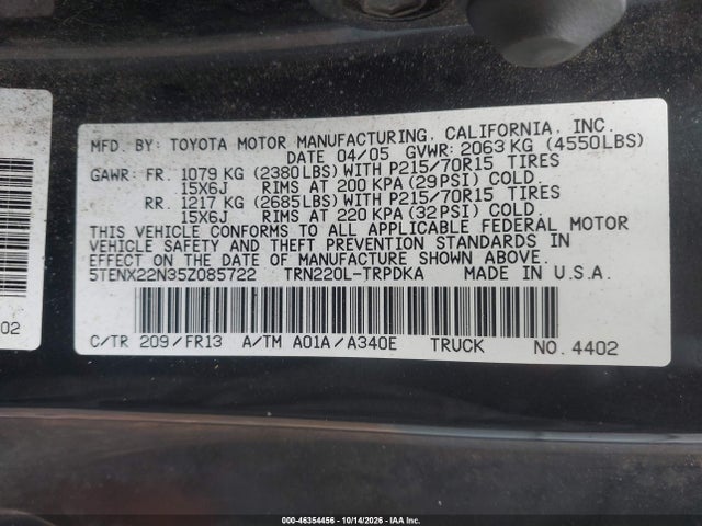 46354456 :رقم المزاد ، 5TENX22N35Z085722 vin ، 2005 Toyota Tacoma مزاد بيع