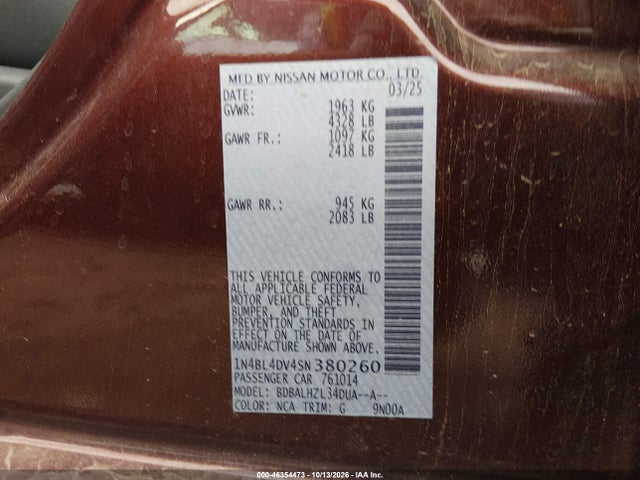 1N4BL4DV4SN380260 Nissan Altima Sv Fwd