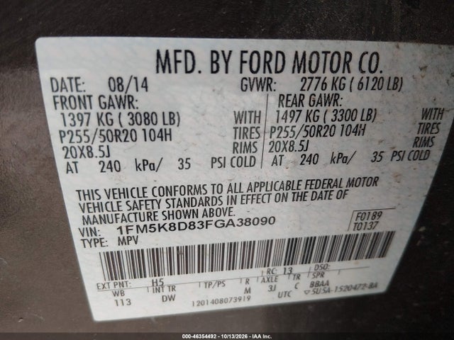 Ford EXPLORER XLT 2015 1FM5K8D83FGA38090 Image 9