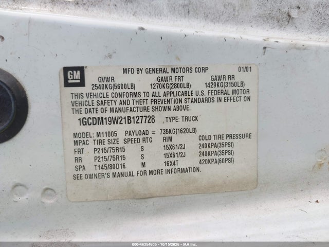 Продажа на аукционе авто 2001 Chevrolet Astro, vin: 1GCDM19W21B127728, номер лота: 46354605
