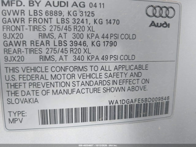 Aukcja sprzedaży 2011 Audi Q7 3.0t S Line Prestige, vin: WA1DGAFE5BD009546, numer aukcji: 46354607