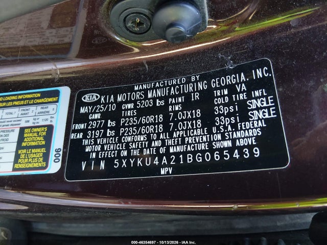 Продаж на аукціоні авто 2011 Kia Sorento Ex V6, vin: 5XYKU4A21BG065439, номер лоту: 46354697