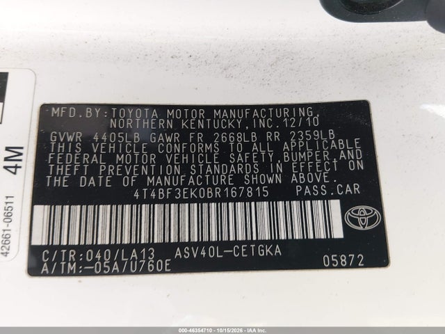 Aukcja sprzedaży 2011 Toyota Camry Xle, vin: 4T4BF3EK0BR167815, numer aukcji: 46354710