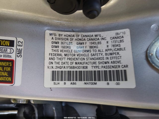 Продаж на аукціоні авто 2011 Honda Civic Lx, vin: 2HGFA1F56BH301808, номер лоту: 46354715