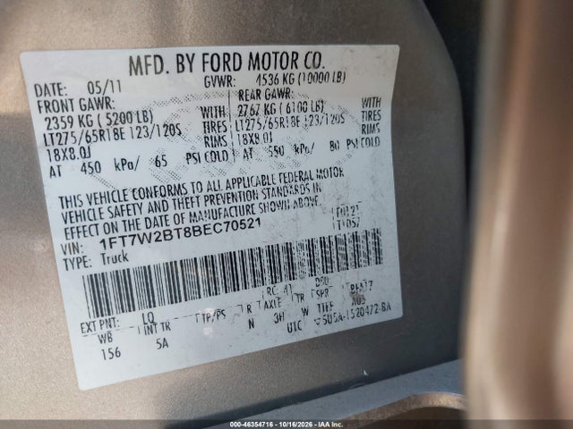 Продаж на аукціоні авто 2011 Ford F-250 Lariat, vin: 1FT7W2BT8BEC70521, номер лоту: 46354716