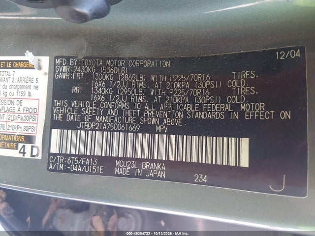 Aukcja sprzedaży 2005 Toyota Highlander V6, vin: JTEDP21A750061669, numer aukcji: 46354732