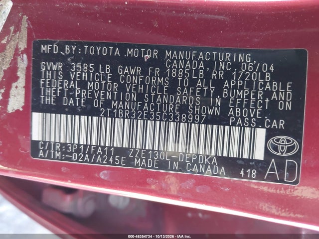 Продаж на аукціоні авто 2005 Toyota Corolla Ce, vin: 2T1BR32E35C338997, номер лоту: 46354734