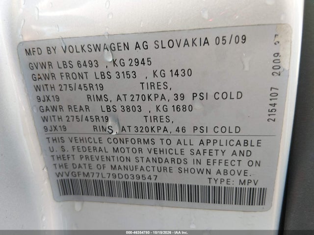 Aukcja sprzedaży 2009 Volkswagen Touareg 2 V6 Tdi, vin: WVGFM77L79D039547, numer aukcji: 46354780