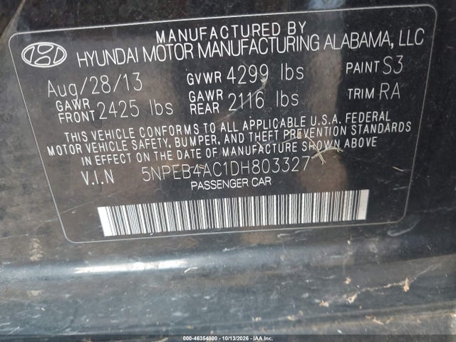 Продаж на аукціоні авто 2013 Hyundai Sonata Gls, vin: 5NPEB4AC1DH803327, номер лоту: 46354800