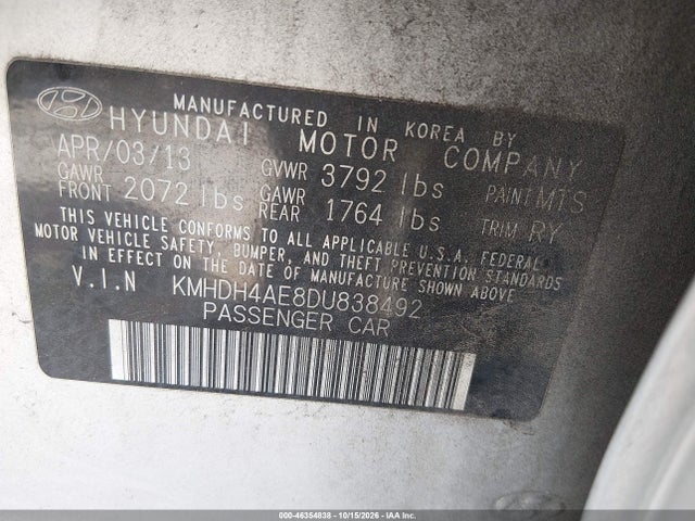 Продаж на аукціоні авто 2013 Hyundai Elantra Limited, vin: KMHDH4AE8DU838492, номер лоту: 46354838