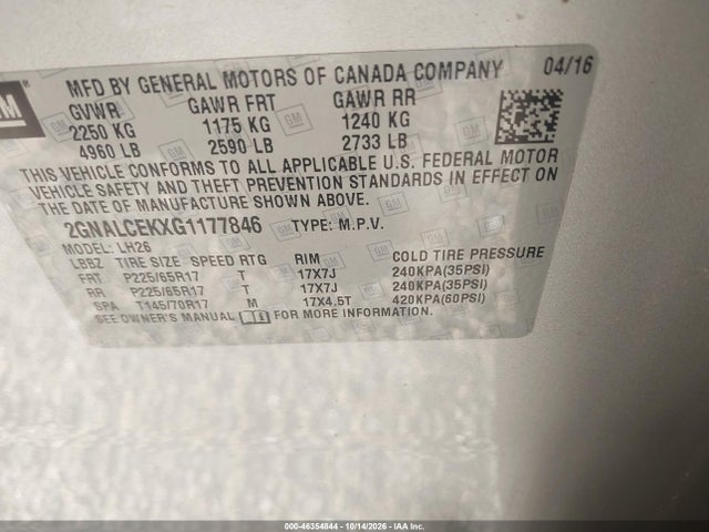 46354844 :رقم المزاد ، 2GNALCEKXG1177846 vin ، 2016 Chevrolet Equinox Lt مزاد بيع