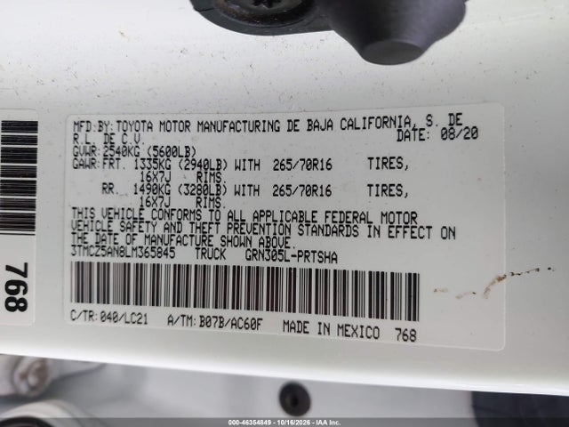 Продаж на аукціоні авто 2020 Toyota Tacoma Trd Off-road, vin: 3TMCZ5AN8LM365845, номер лоту: 46354849