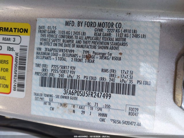 2015 Ford Fusion Energi Titanium მანქანა იყიდება აუქციონზე, vin: 3FA6P0SU5FR247499, აუქციონის ნომერი: 46354862