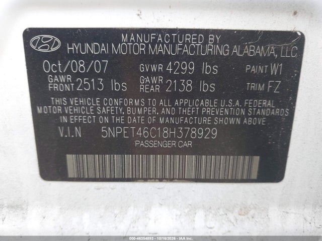 46354893 :رقم المزاد ، 5NPET46C18H378929 vin ، 2008 Hyundai Sonata Gls مزاد بيع